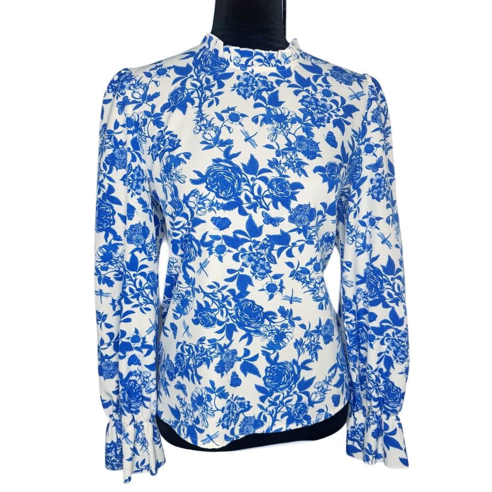 SHEIN White & Blue Floral Long Sleeved High Neck Blouse w Keyhole Back Medium